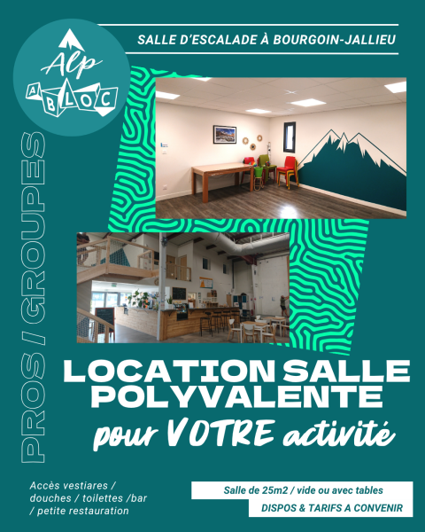affiche proposant la location d'une salle polyvalente au sein d'alpabloc