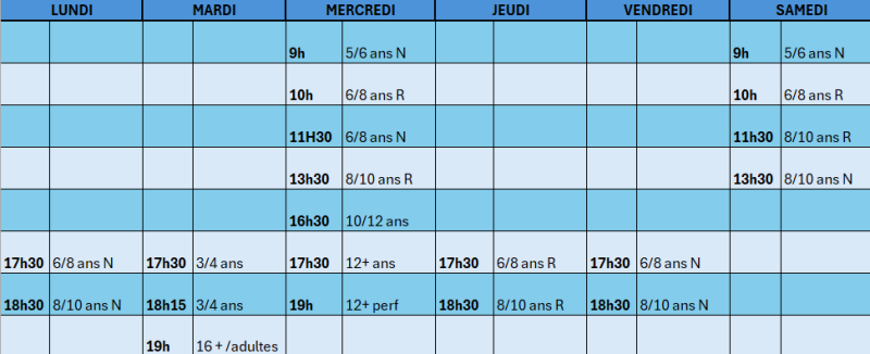 planning des différents cours sur une semaine
