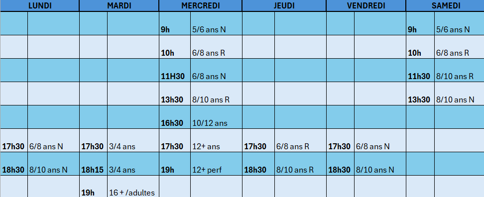 planning des différents cours sur une semaine